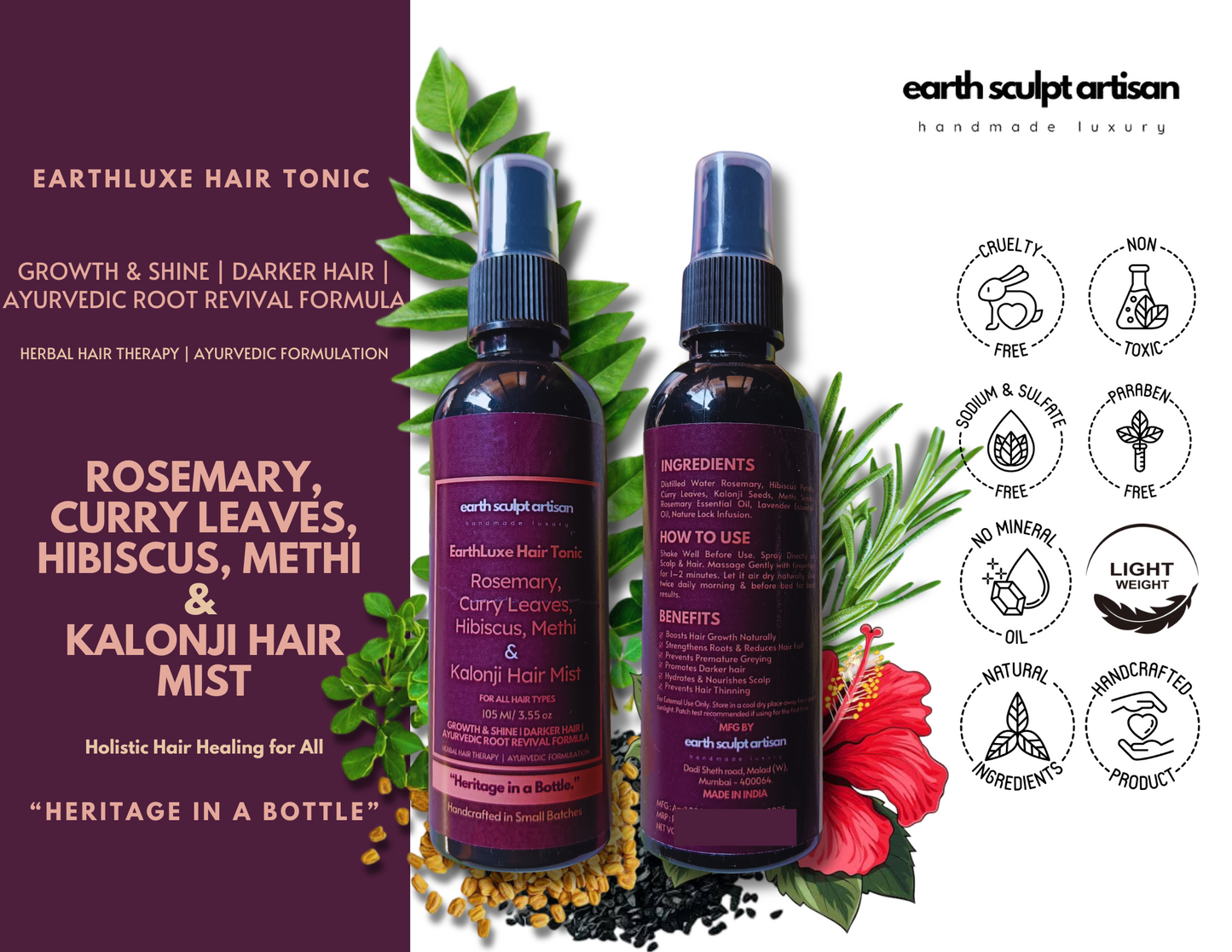 Earth Sculpt Artisan Rosemary Hibiscus Hair Growth Spray with Curry Leaves, Methi & Kalonji for Hair Fall Control, Hair Regrowth and Dandruff | 100% Natural, Non-Greasy & Fast Absorbing | 105ml