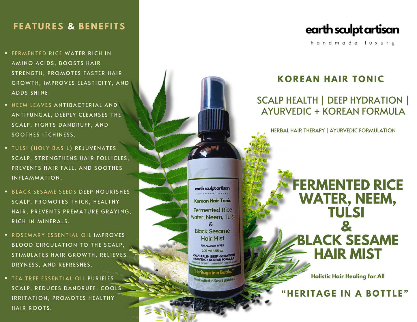 Earth Sculpt Artisan Rosemary Fermented Rice Water Hair Growth Spray | Natural Hair Fall Control with Neem, Tulsi & Black Sesame | Adds Shine , Soft & Smooth Hair | Non-Greasy & Fast Absorbing | 105ml