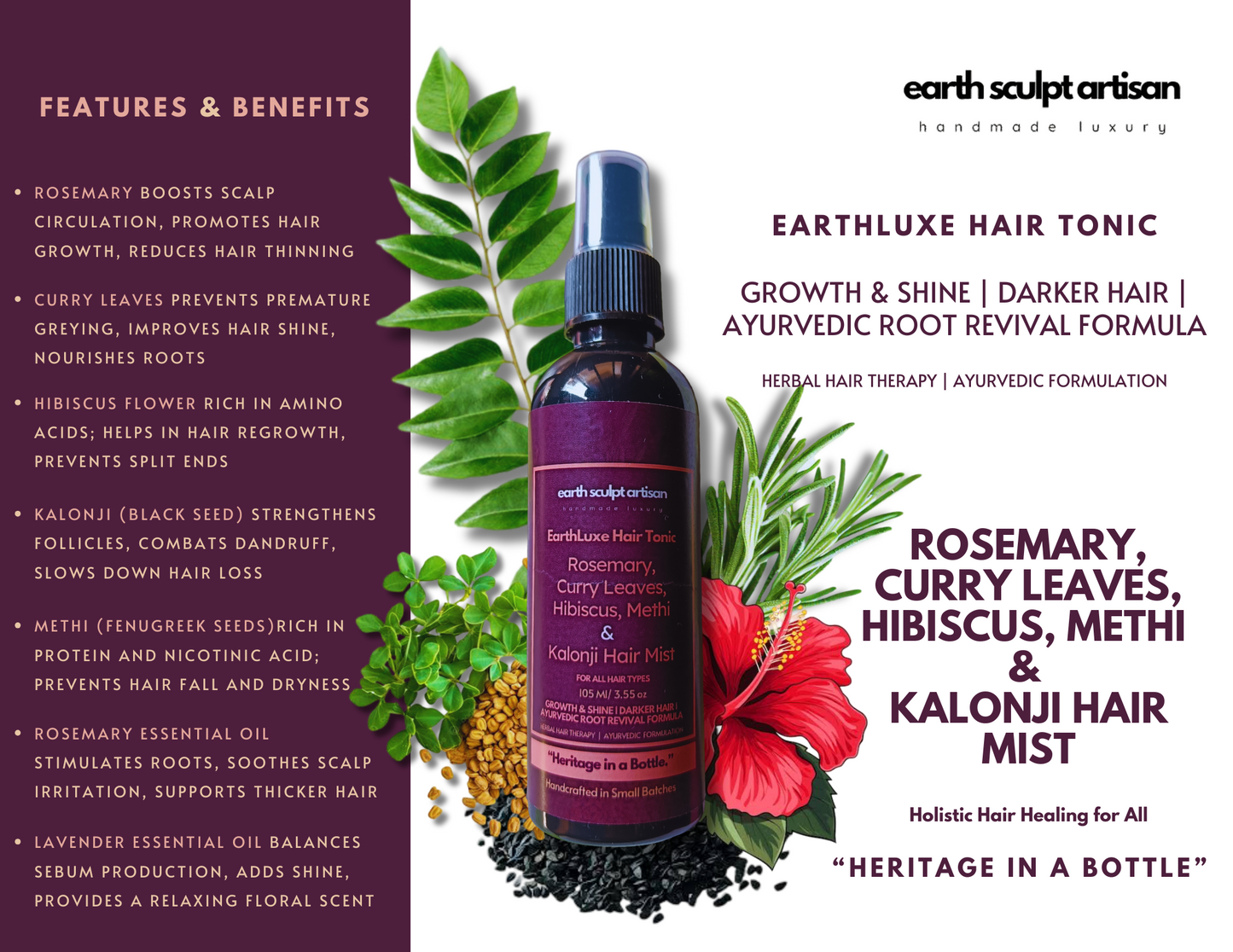 Earth Sculpt Artisan Rosemary Hibiscus Hair Growth Spray with Curry Leaves, Methi & Kalonji for Hair Fall Control, Hair Regrowth and Dandruff | 100% Natural, Non-Greasy & Fast Absorbing | 105ml