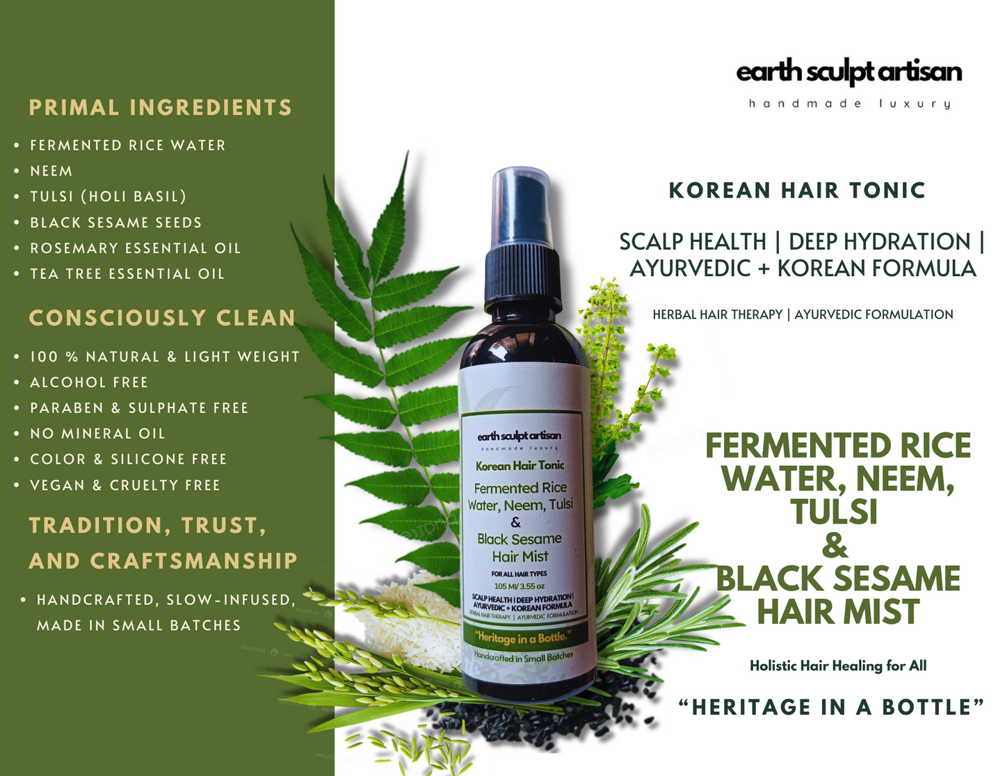Earth Sculpt Artisan Rosemary Fermented Rice Water Hair Growth Spray | Natural Hair Fall Control with Neem, Tulsi & Black Sesame | Adds Shine , Soft & Smooth Hair | Non-Greasy & Fast Absorbing | 105ml