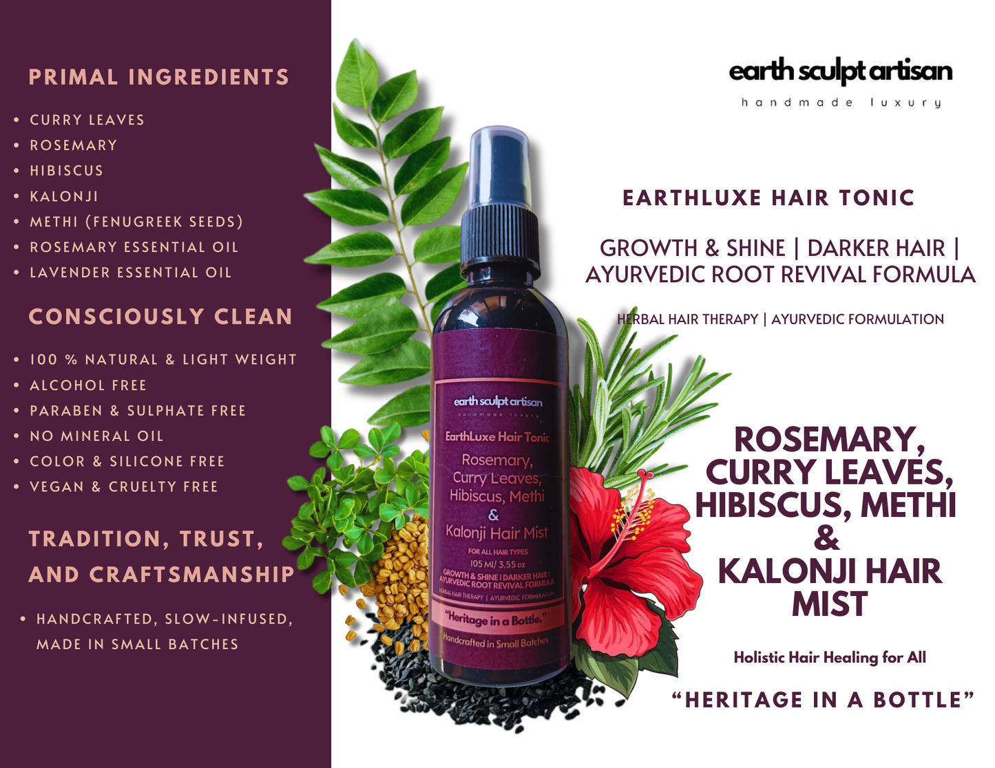 Earth Sculpt Artisan Rosemary Hibiscus Hair Growth Spray with Curry Leaves, Methi & Kalonji for Hair Fall Control, Hair Regrowth and Dandruff | 100% Natural, Non-Greasy & Fast Absorbing | 105ml