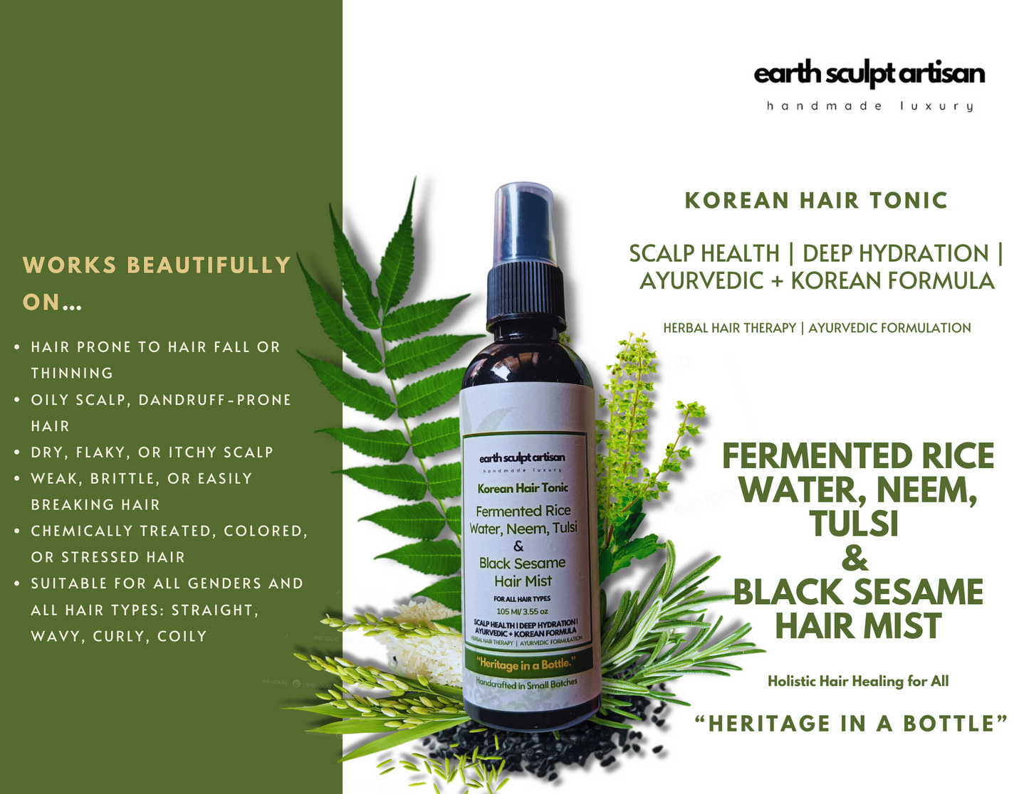Earth Sculpt Artisan Rosemary Fermented Rice Water Hair Growth Spray | Natural Hair Fall Control with Neem, Tulsi & Black Sesame | Adds Shine , Soft & Smooth Hair | Non-Greasy & Fast Absorbing | 105ml