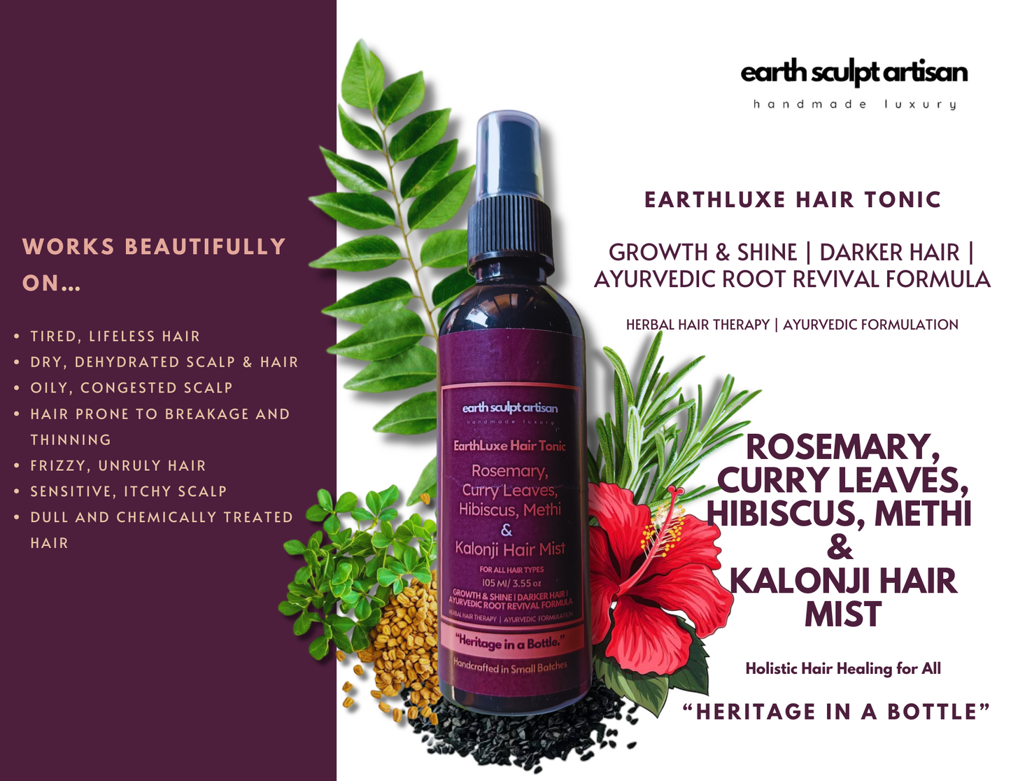 Earth Sculpt Artisan Rosemary Hibiscus Hair Growth Spray with Curry Leaves, Methi & Kalonji for Hair Fall Control, Hair Regrowth and Dandruff | 100% Natural, Non-Greasy & Fast Absorbing | 105ml