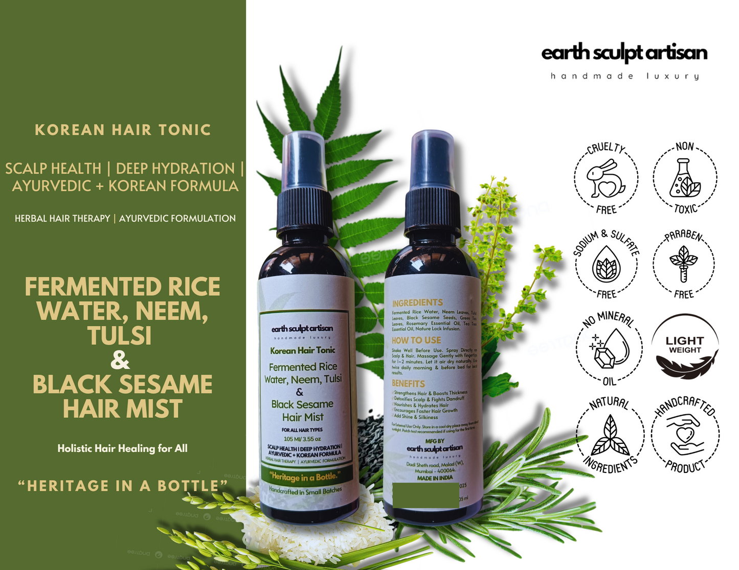 Earth Sculpt Artisan Rosemary Fermented Rice Water Hair Growth Spray | Natural Hair Fall Control with Neem, Tulsi & Black Sesame | Adds Shine , Soft & Smooth Hair | Non-Greasy & Fast Absorbing | 105ml