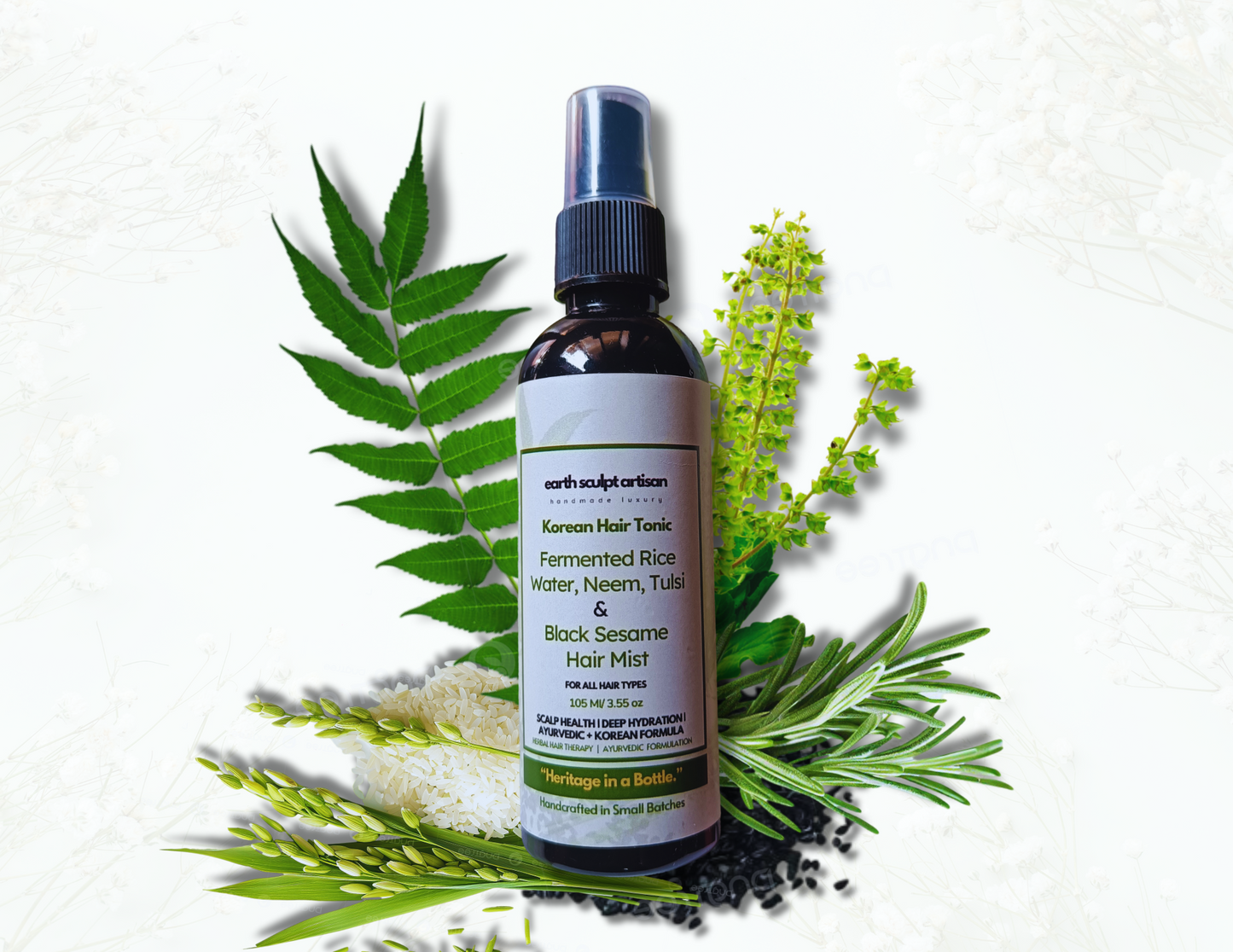 Earth Sculpt Artisan Rosemary Fermented Rice Water Hair Growth Spray | Natural Hair Fall Control with Neem, Tulsi & Black Sesame | Adds Shine , Soft & Smooth Hair | Non-Greasy & Fast Absorbing | 105ml