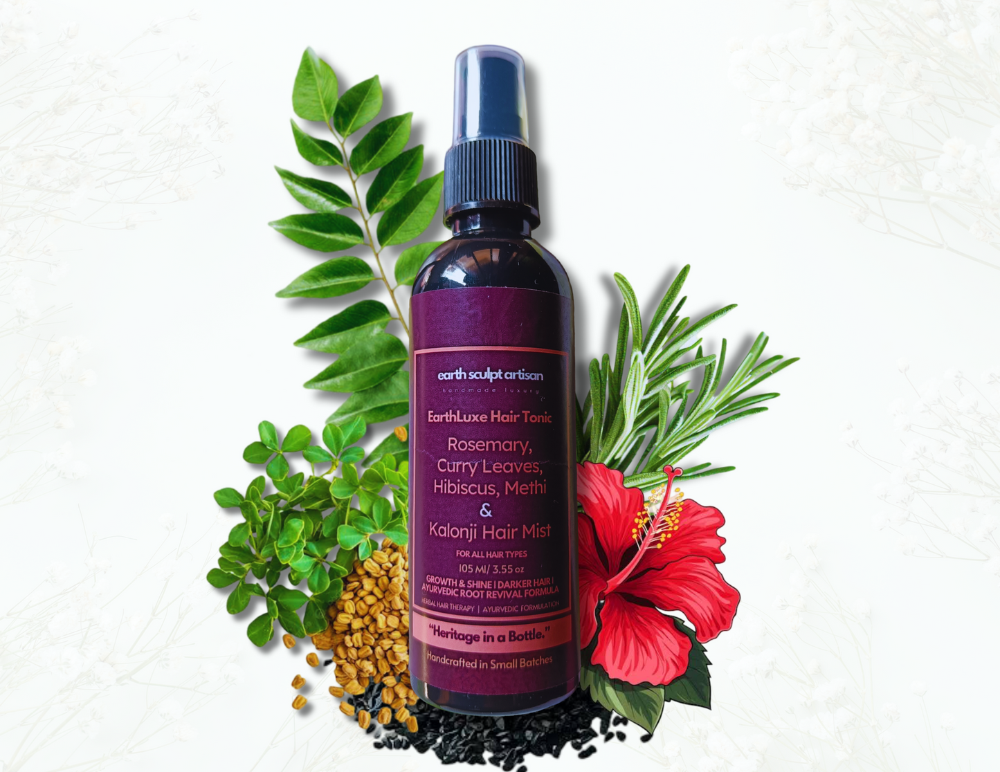 Earth Sculpt Artisan Rosemary Hibiscus Hair Growth Spray with Curry Leaves, Methi & Kalonji for Hair Fall Control, Hair Regrowth and Dandruff | 100% Natural, Non-Greasy & Fast Absorbing | 105ml