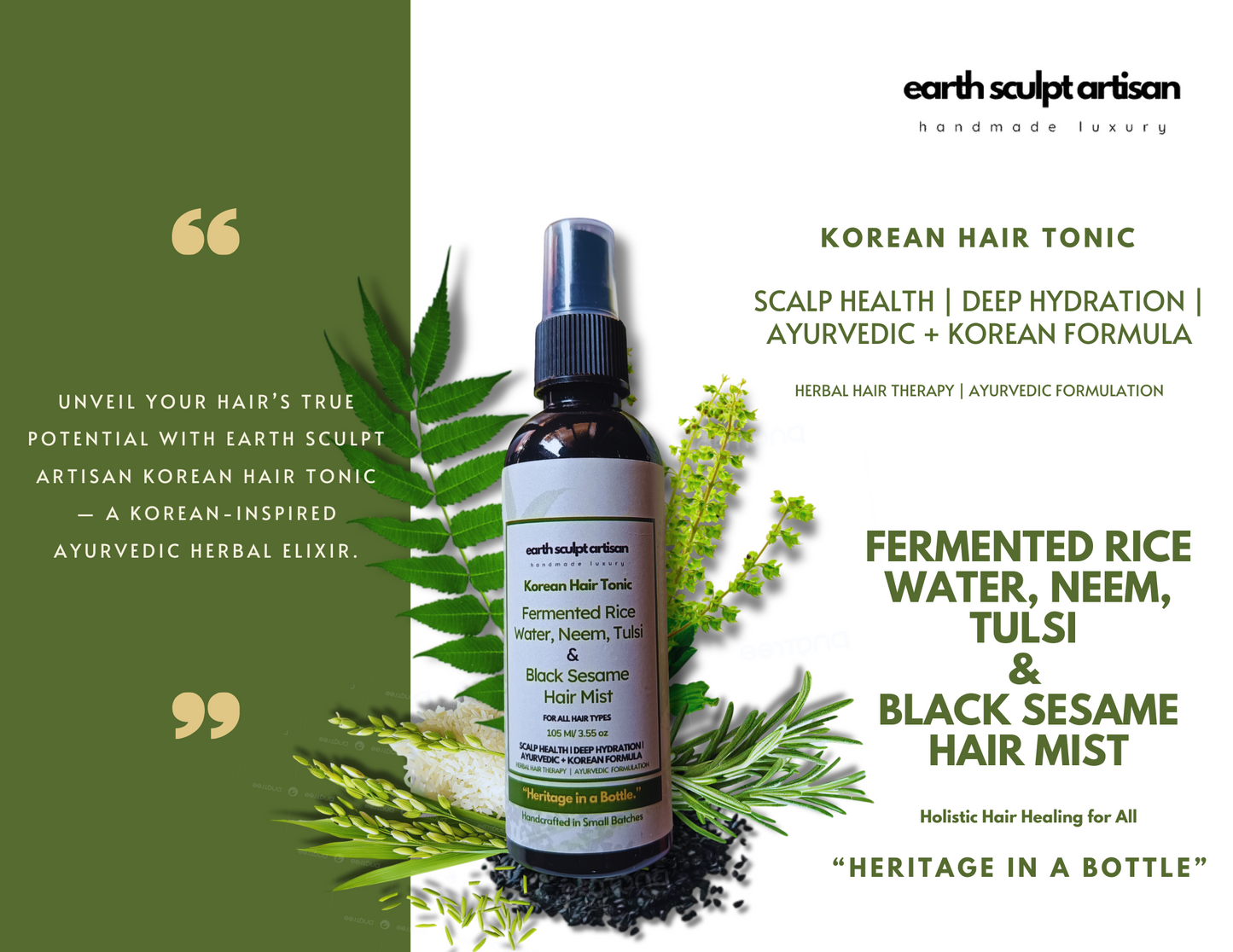 Earth Sculpt Artisan Rosemary Fermented Rice Water Hair Growth Spray | Natural Hair Fall Control with Neem, Tulsi & Black Sesame | Adds Shine , Soft & Smooth Hair | Non-Greasy & Fast Absorbing | 105ml