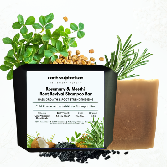 Earth Sculpt Artisan Rosemary & Meethi Root Revival Shampoo Bar | Cold Processed Natural Hair Growth Bar with Kalonji, ACV, Tea Tree & Rosemary Oil | Anti-Hair Fall, Scalp Detox, pH Balanced, Sulphate & Paraben Free – 120g