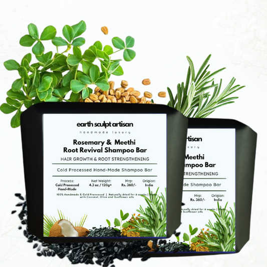 Earth Sculpt Artisan Rosemary & Methi Root Revival Shampoo Bar | Cold Processed Natural Hair Growth Bar with Kalonji, ACV, Tea Tree & Rosemary Oil | Anti-Hair Fall, Scalp Detox, pH Balanced, Sulphate & Paraben Free – pack of 2 x120g